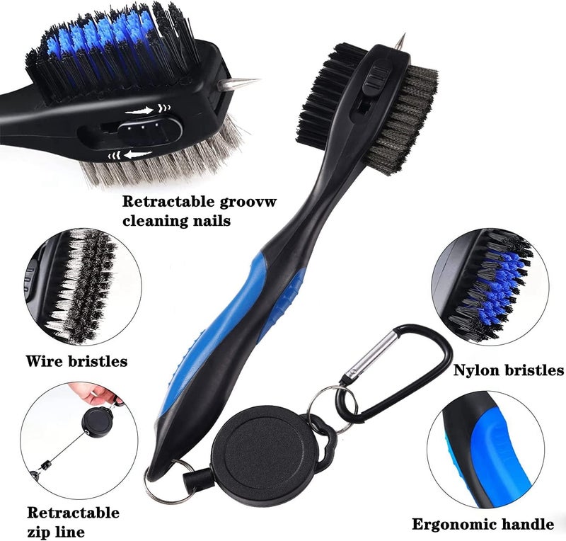 Lesunsul Golf Club Brushes, Golf Cleaning Tool, with Retractable Cleaning Nails, Nylon and Wire Bristles Oversize Double Brush Head with 2ft Retractable Zip-line Metal Buckle - Image 3